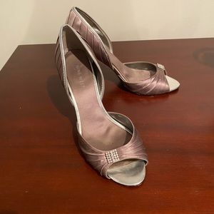 Platinum peep toe pumps with rhinestone